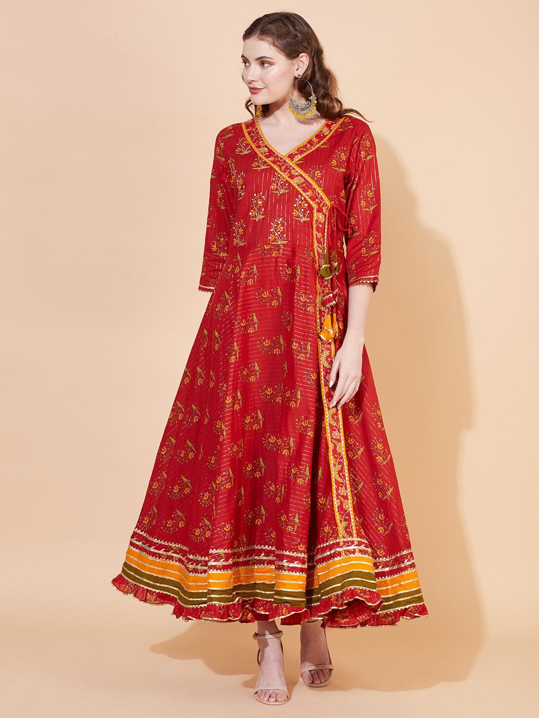 Ethnic Printed & Hand Embroidered Angrakha Kurta with Pants & Dupatta - Burnt Sienna - Indiakreations