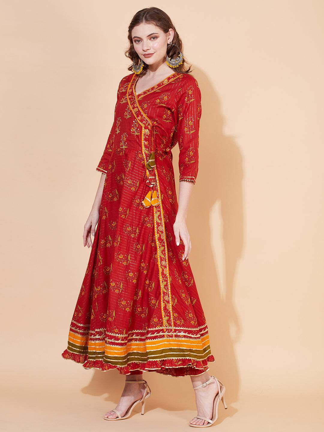 Ethnic Printed & Hand Embroidered Angrakha Kurta with Pants & Dupatta - Burnt Sienna - Indiakreations