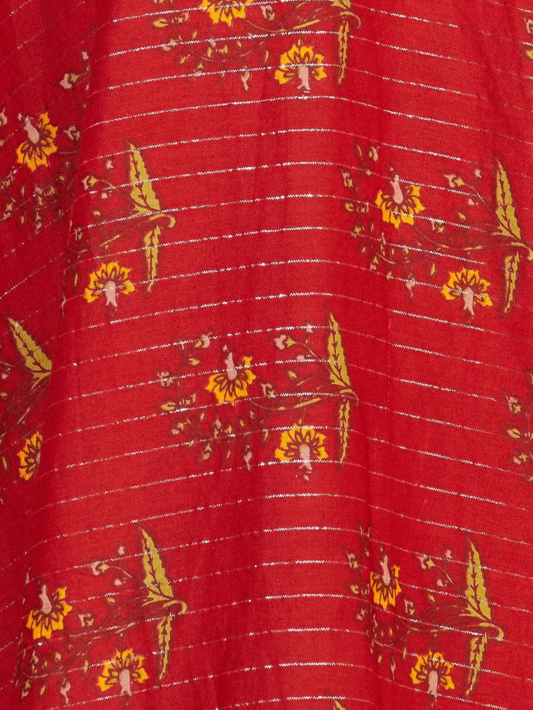 Ethnic Printed & Hand Embroidered Angrakha Kurta with Pants & Dupatta - Burnt Sienna - Indiakreations