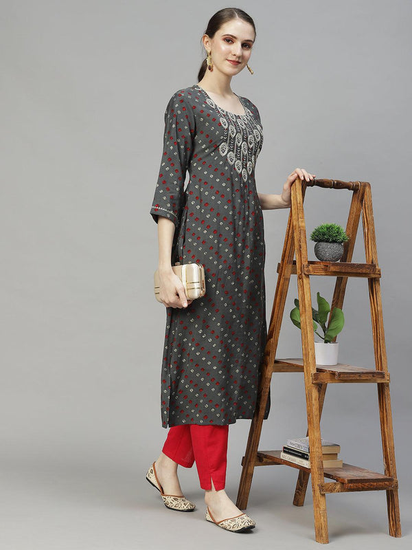 Bandhani Printed & Embroidered Straight Fit Kurta – Grey - Indiakreations