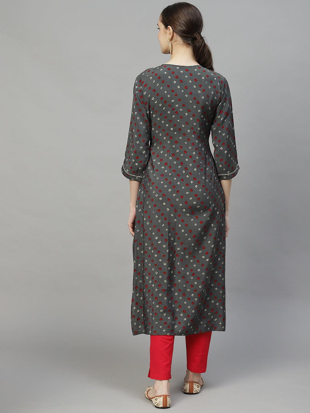 Bandhani Printed & Embroidered Straight Fit Kurta – Grey - Indiakreations