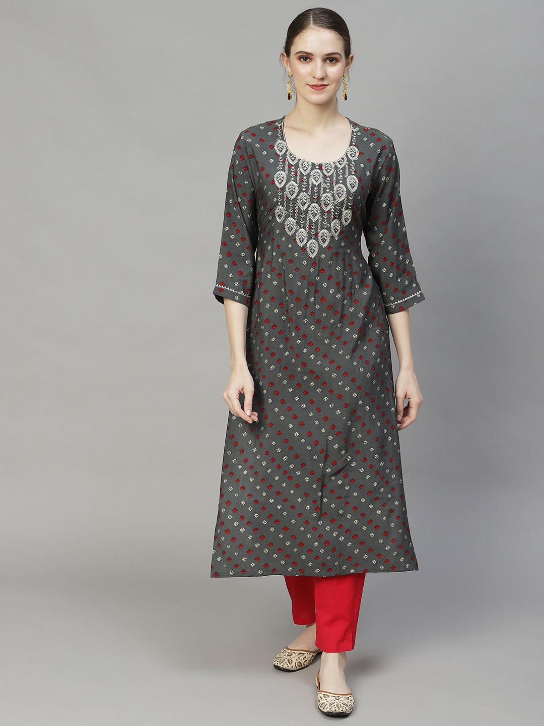 Bandhani Printed & Embroidered Straight Fit Kurta – Grey - Indiakreations