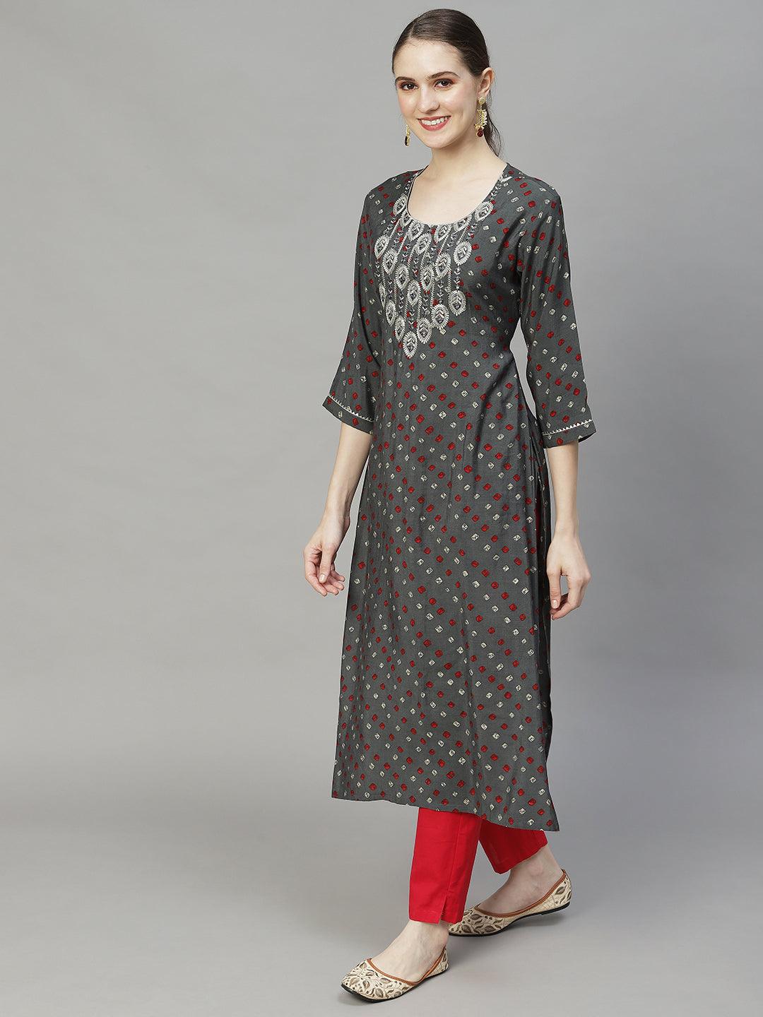 Bandhani Printed & Embroidered Straight Fit Kurta – Grey - Indiakreations