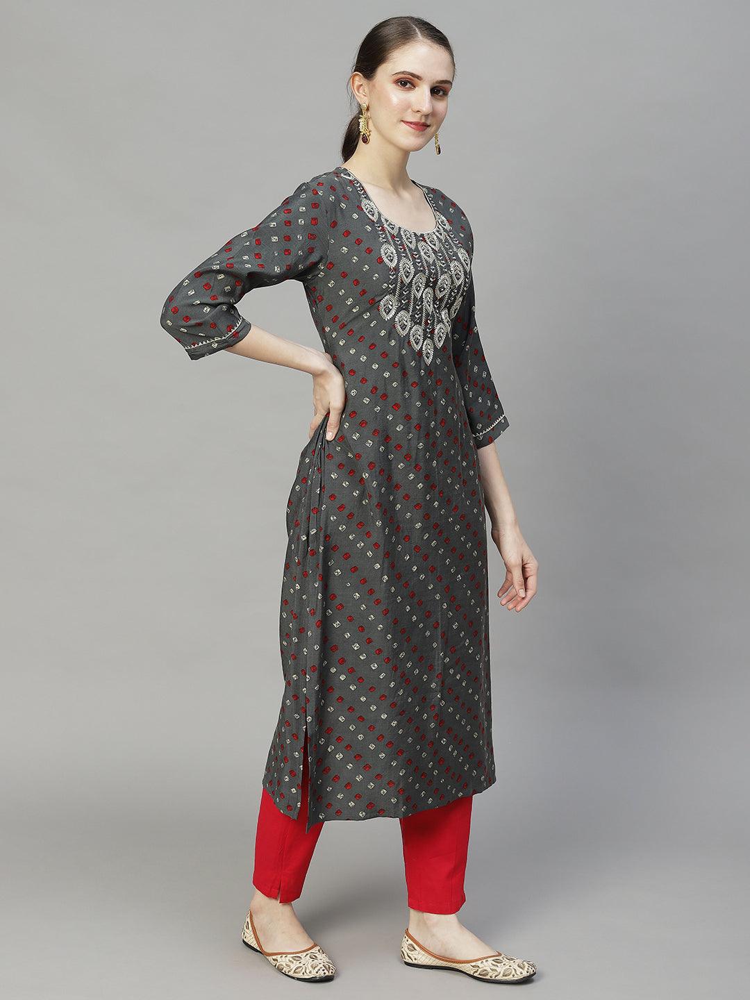 Bandhani Printed & Embroidered Straight Fit Kurta – Grey - Indiakreations