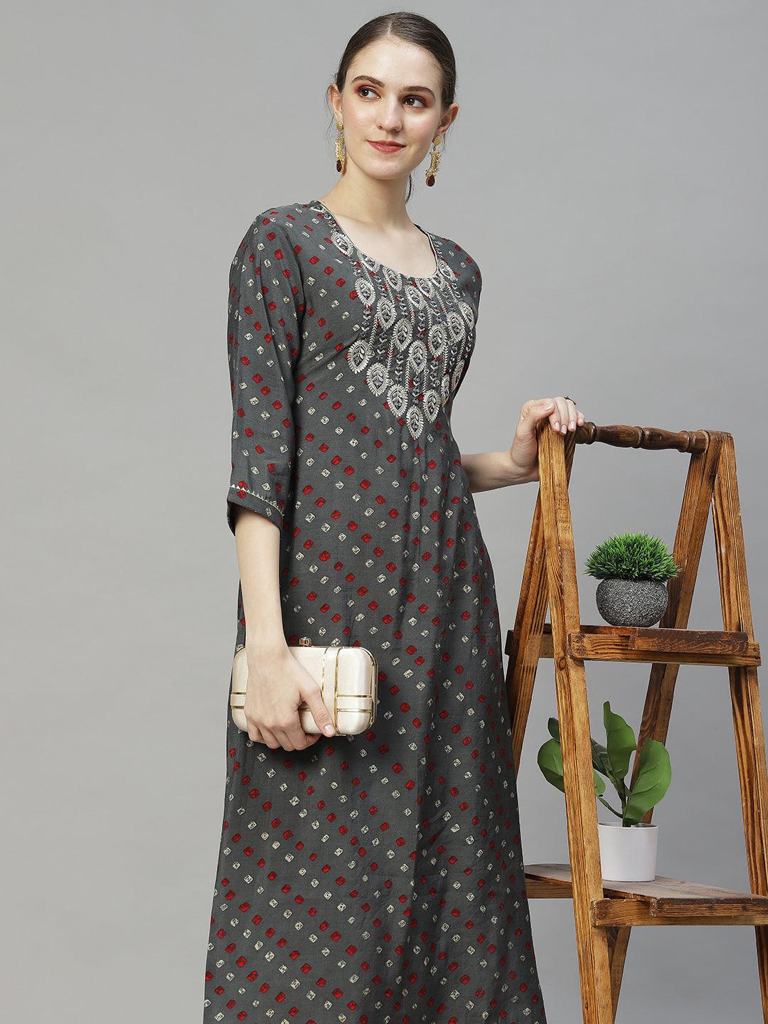 Bandhani Printed & Embroidered Straight Fit Kurta – Grey - Indiakreations