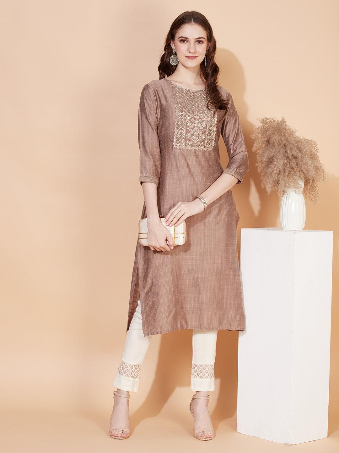 Ethnic Stripes Printed & Embroidered Straight Fit Kurta - Brown - Indiakreations