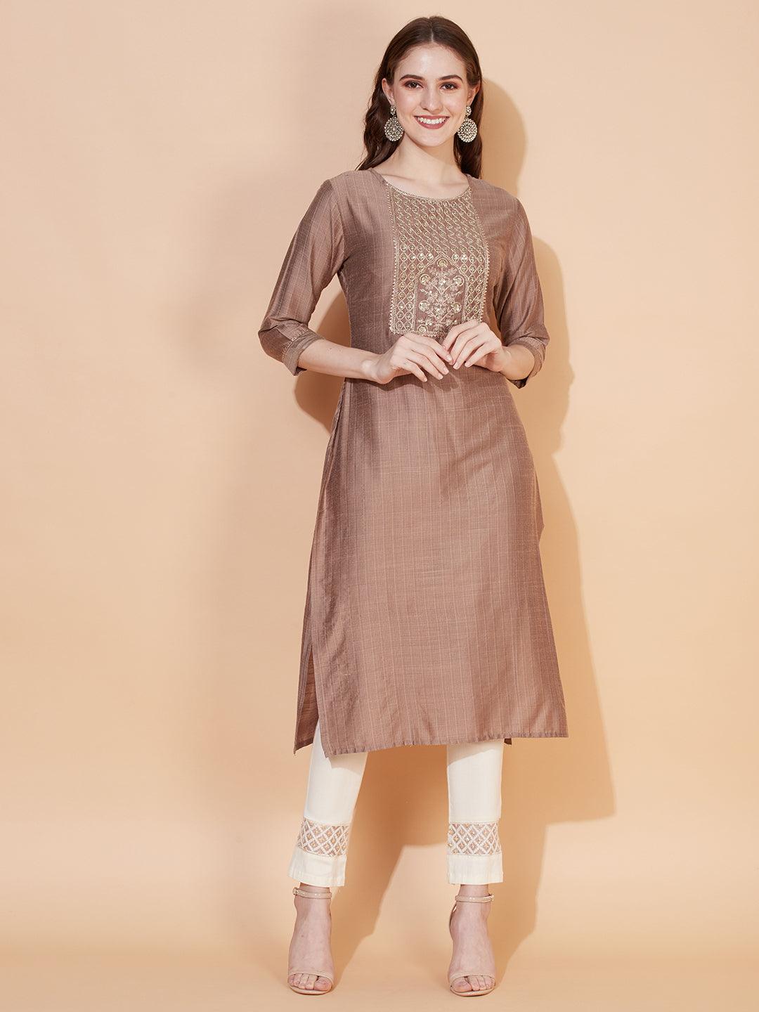 Ethnic Stripes Printed & Embroidered Straight Fit Kurta - Brown - Indiakreations