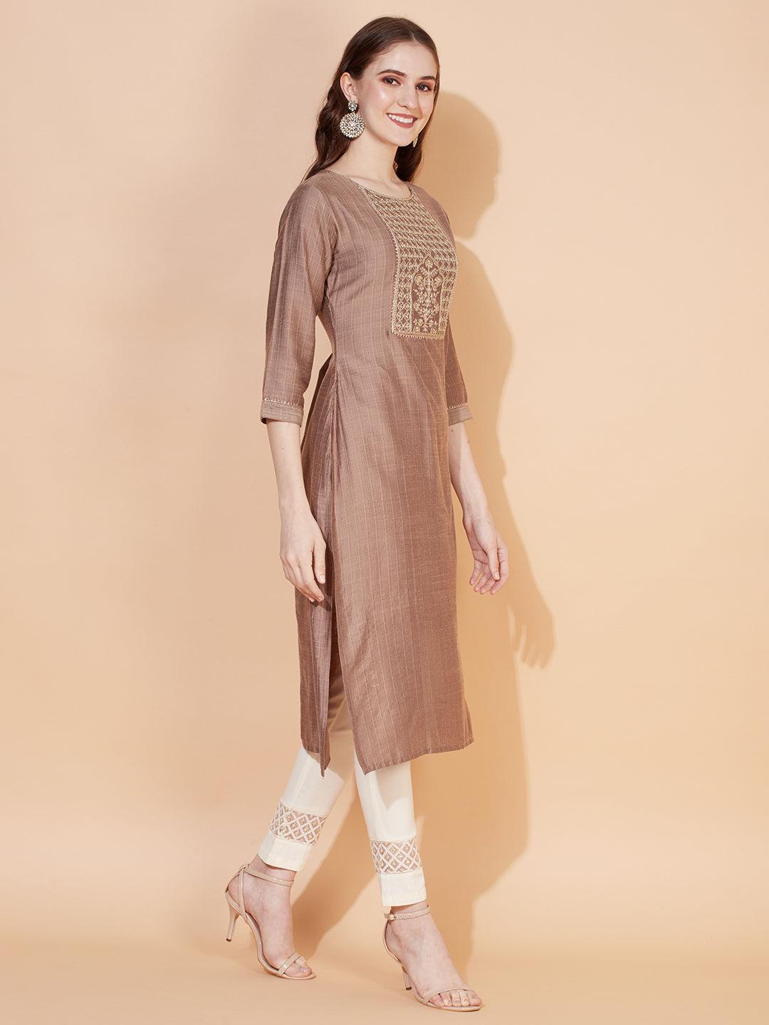 Ethnic Stripes Printed & Embroidered Straight Fit Kurta - Brown - Indiakreations