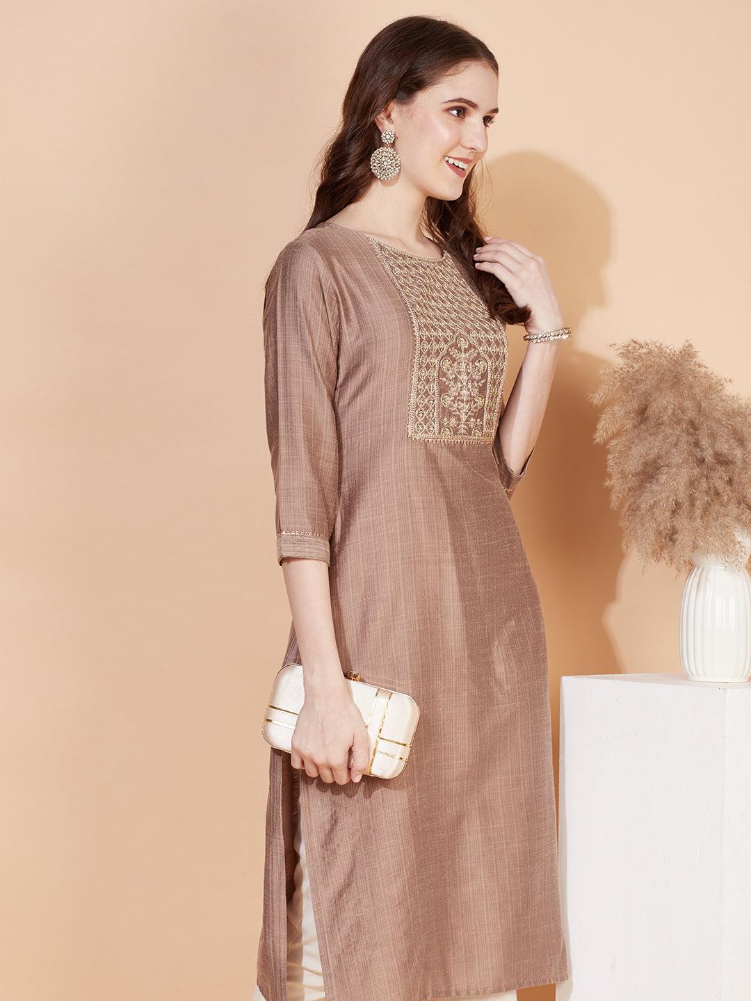 Ethnic Stripes Printed & Embroidered Straight Fit Kurta - Brown - Indiakreations