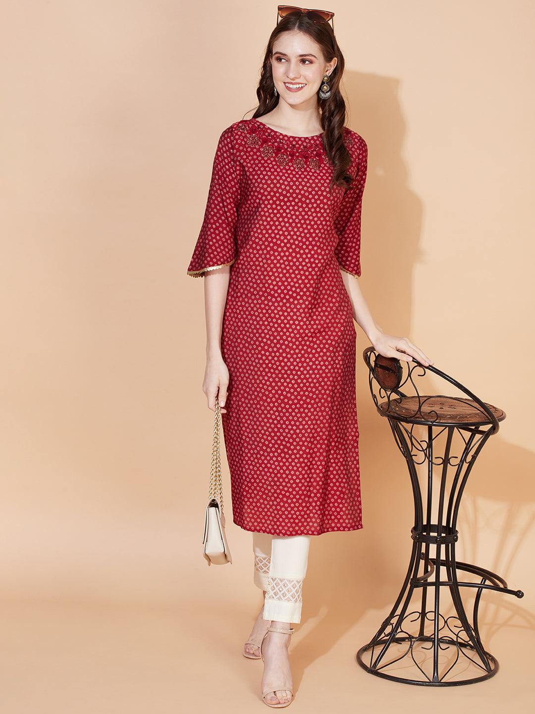 Ethnic Printed & Hand Embroidered Straight Fit Kurta - Red - Indiakreations