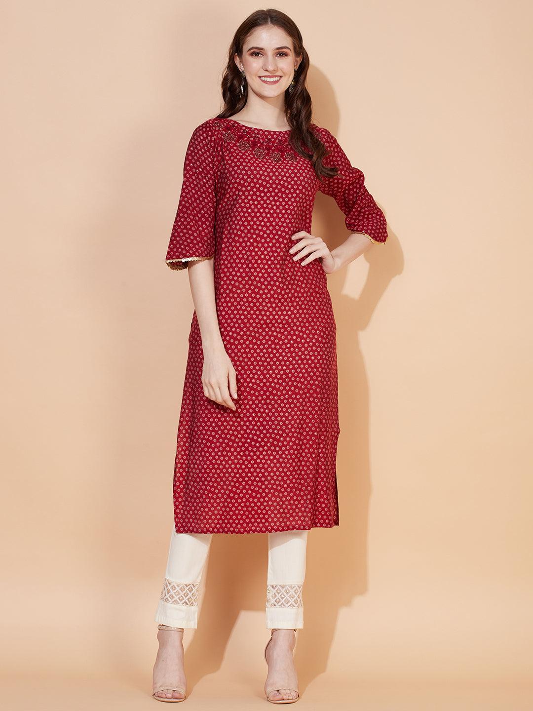 Ethnic Printed & Hand Embroidered Straight Fit Kurta - Red - Indiakreations