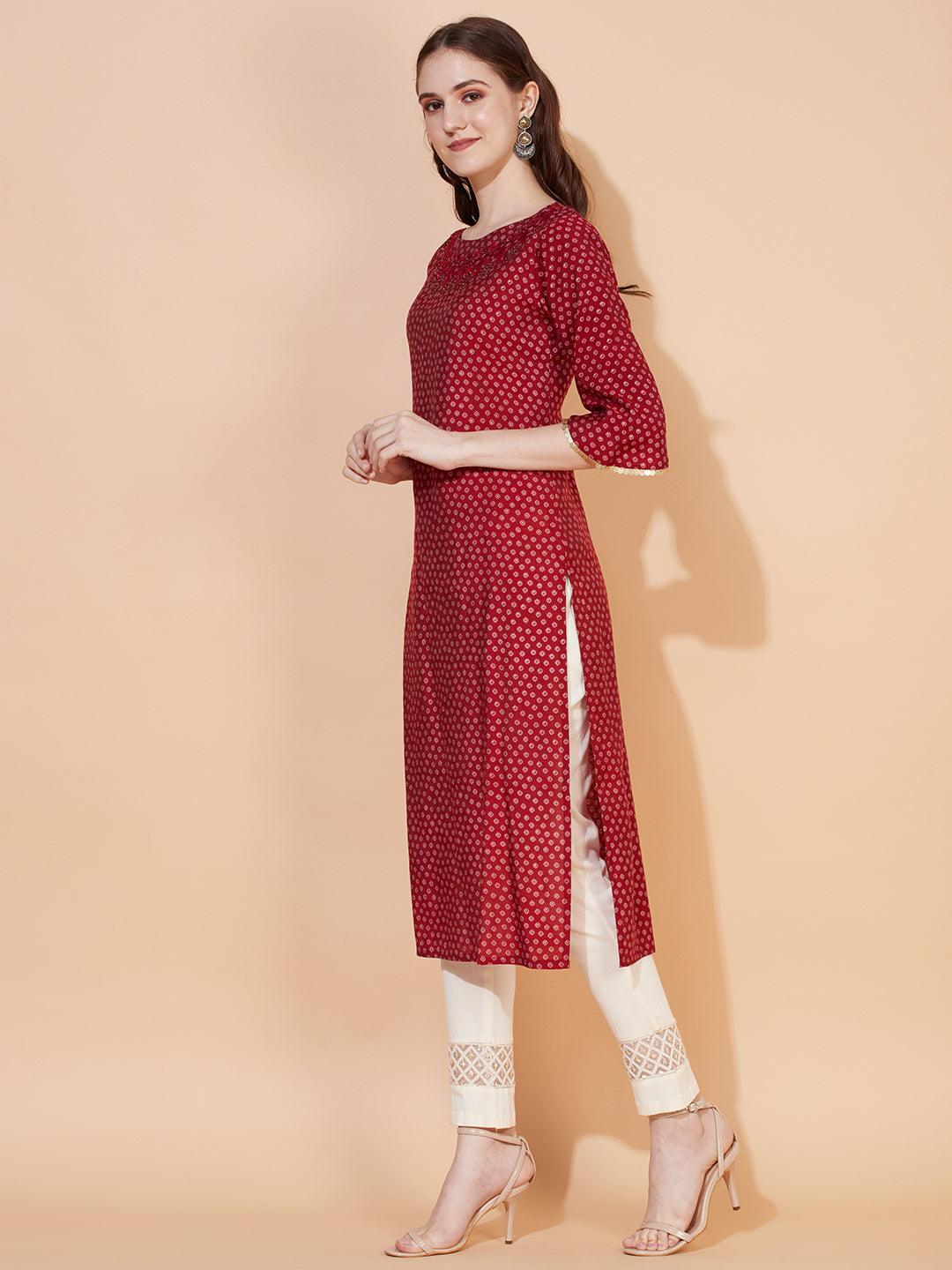 Ethnic Printed & Hand Embroidered Straight Fit Kurta - Red - Indiakreations