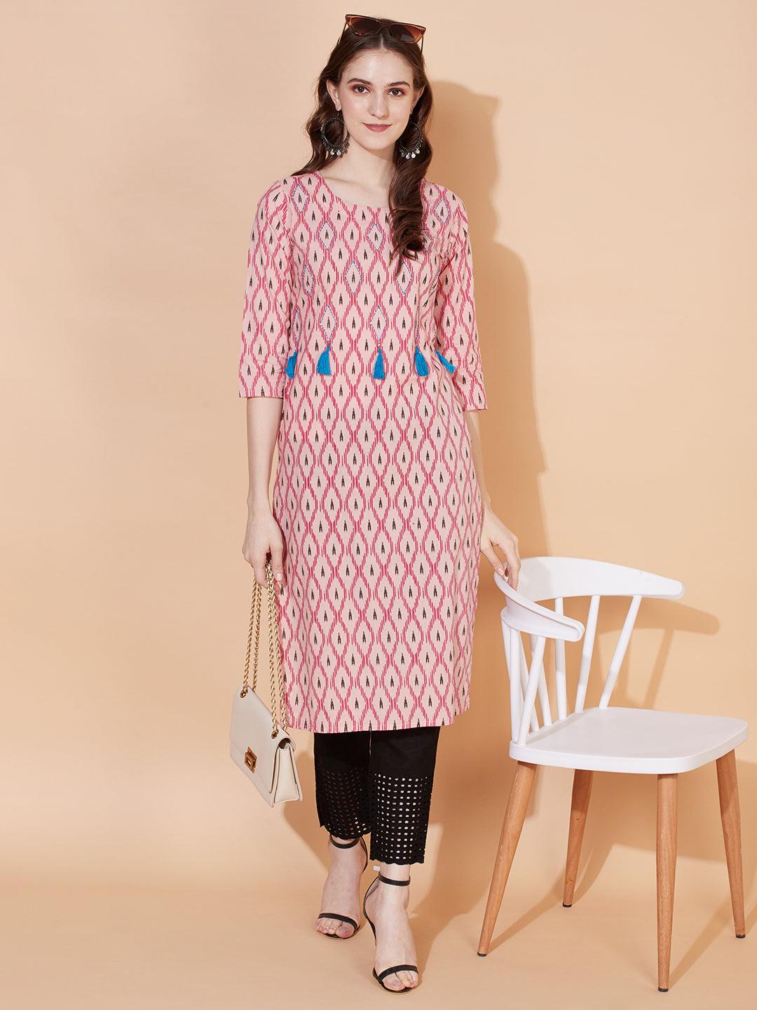 Ethnic Printed & Hand Embroidered Straight Fit Kurta - Pastel Pink - Indiakreations