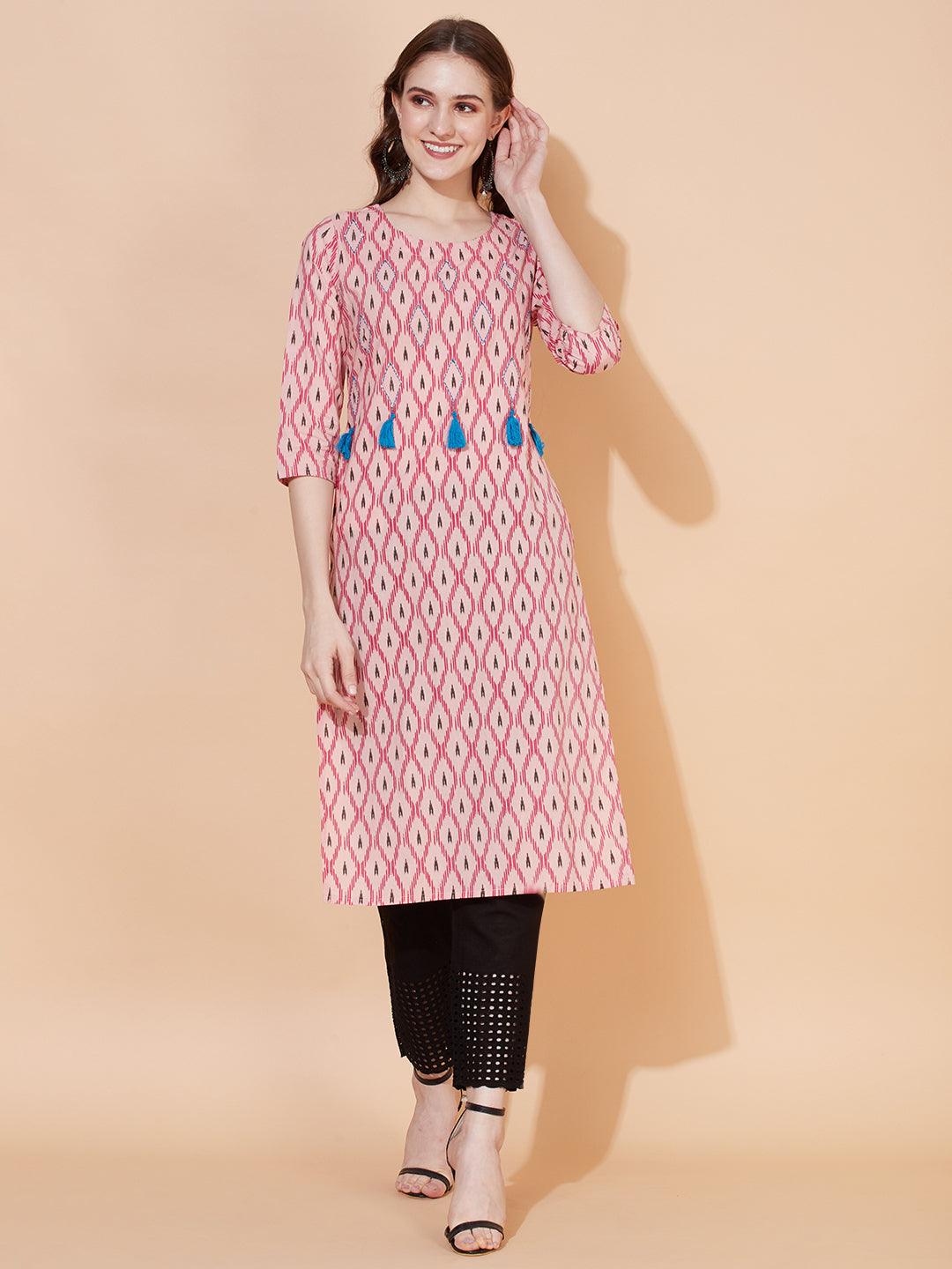 Ethnic Printed & Hand Embroidered Straight Fit Kurta - Pastel Pink - Indiakreations