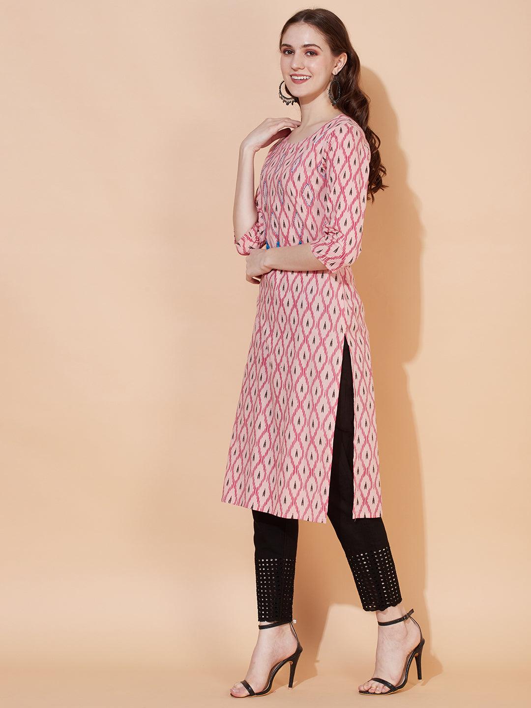 Ethnic Printed & Hand Embroidered Straight Fit Kurta - Pastel Pink - Indiakreations