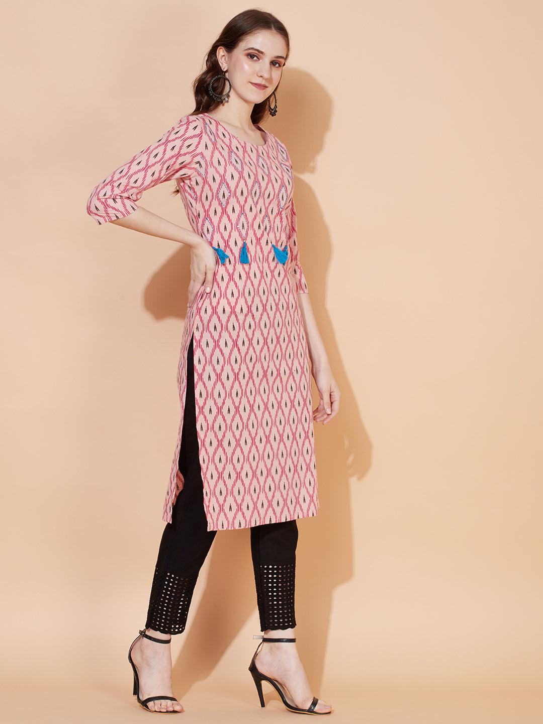 Ethnic Printed & Hand Embroidered Straight Fit Kurta - Pastel Pink - Indiakreations