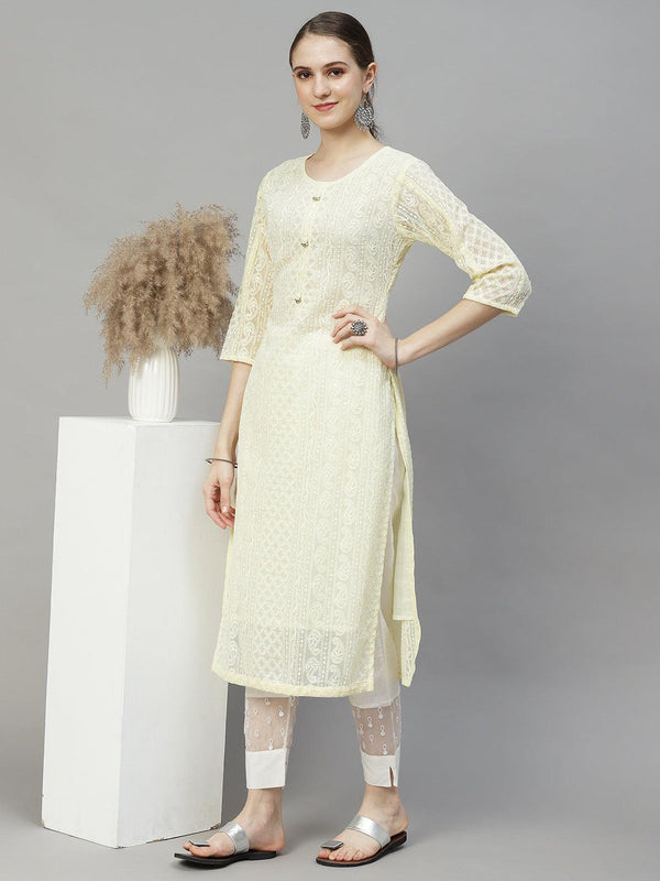 Ethnic Chikanakri Embroidered Straight Fit Kurta - Pastel Yellow - Indiakreations