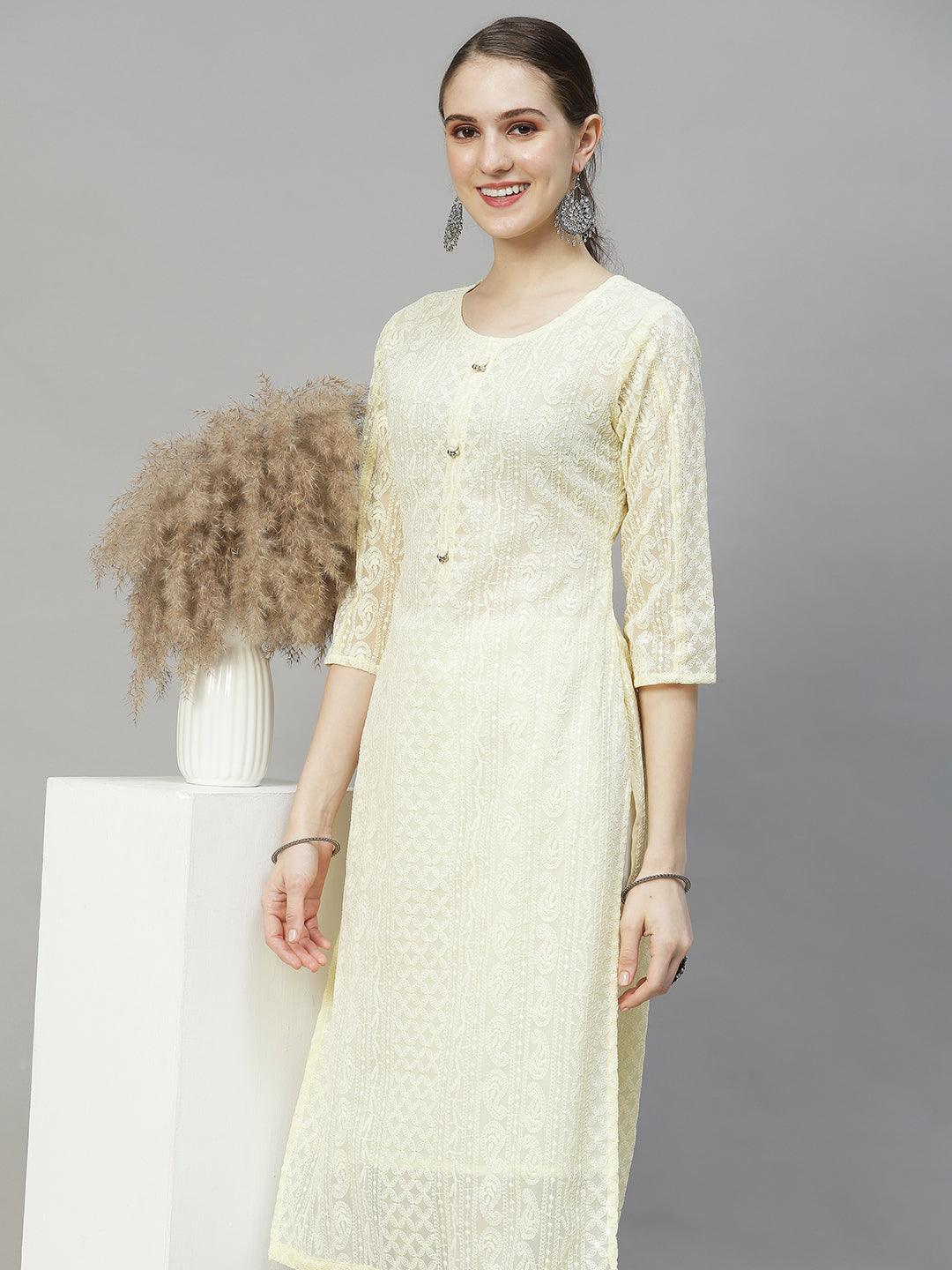 Ethnic Chikanakri Embroidered Straight Fit Kurta - Pastel Yellow - Indiakreations