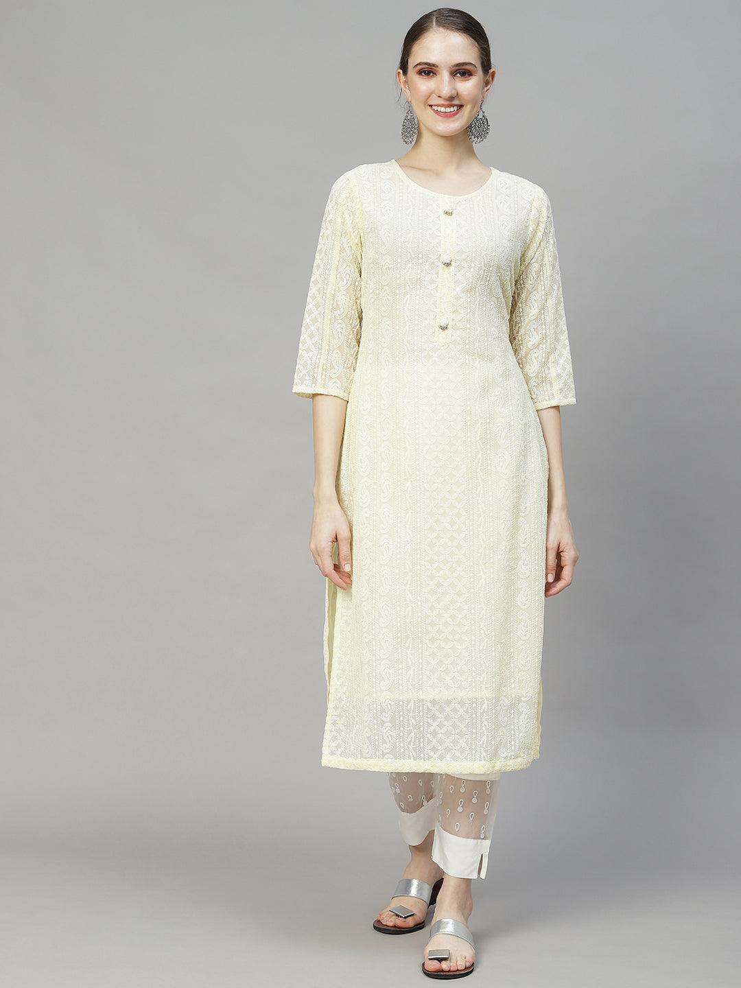 Ethnic Chikanakri Embroidered Straight Fit Kurta - Pastel Yellow - Indiakreations