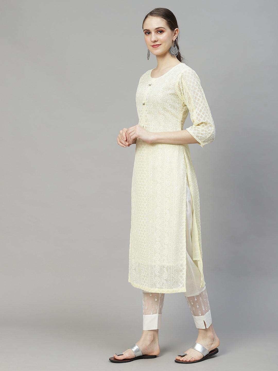 Ethnic Chikanakri Embroidered Straight Fit Kurta - Pastel Yellow - Indiakreations