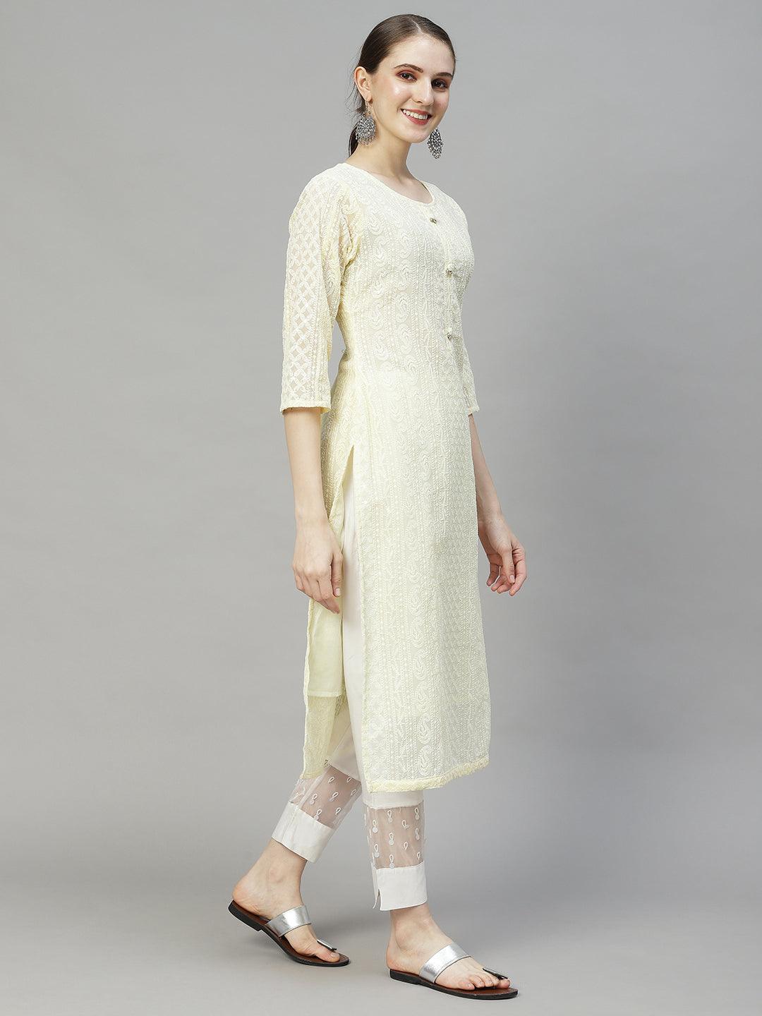 Ethnic Chikanakri Embroidered Straight Fit Kurta - Pastel Yellow - Indiakreations