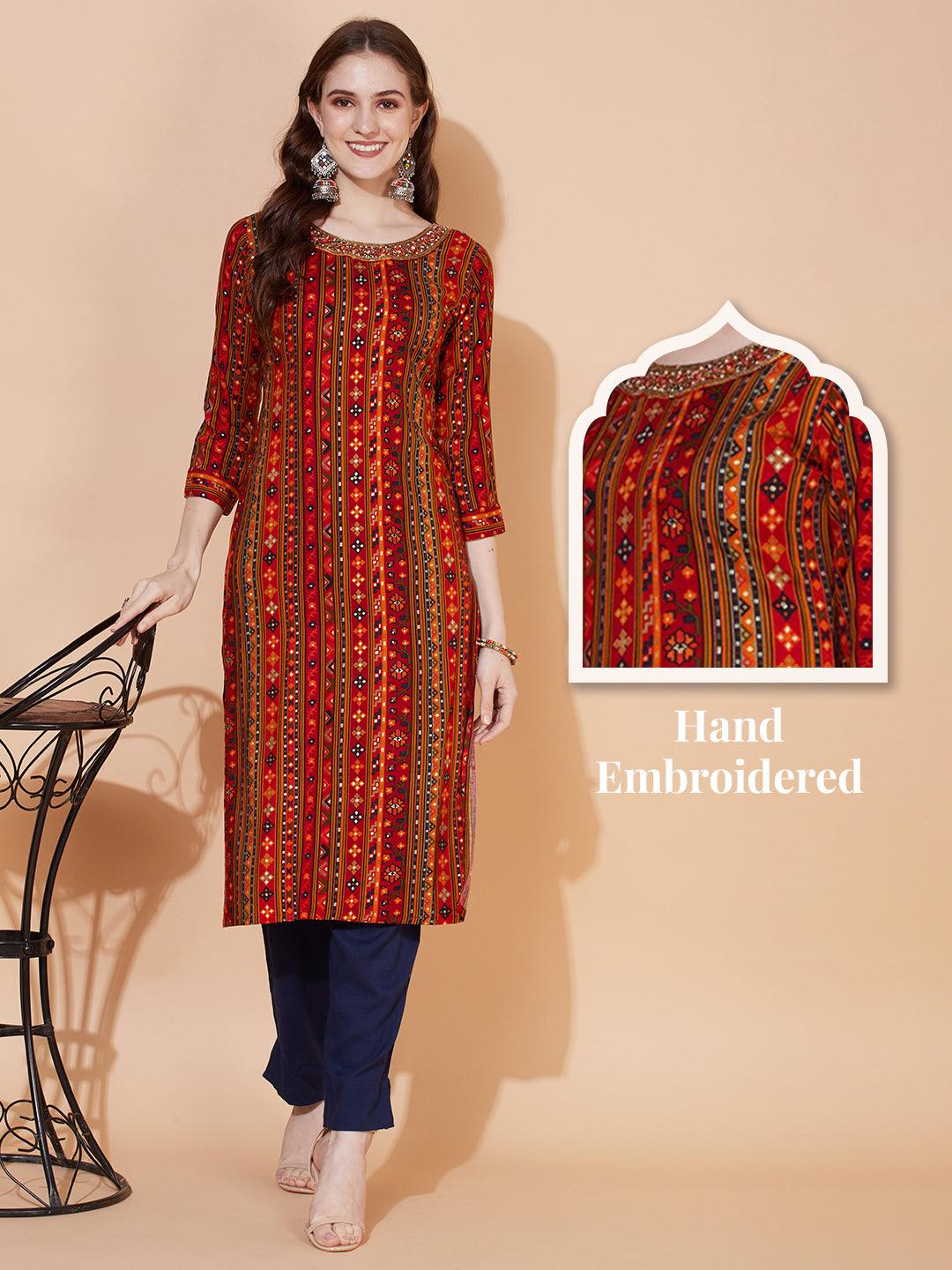 Ethnic Printed & Hand Embroidered Straight Fit Kurta – Multi - Indiakreations