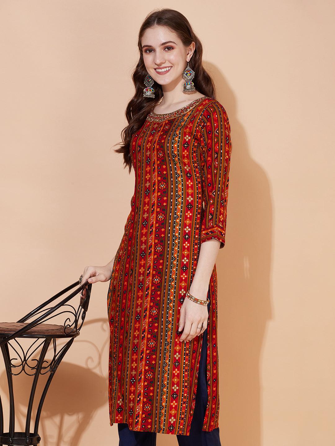 Ethnic Printed & Hand Embroidered Straight Fit Kurta – Multi - Indiakreations