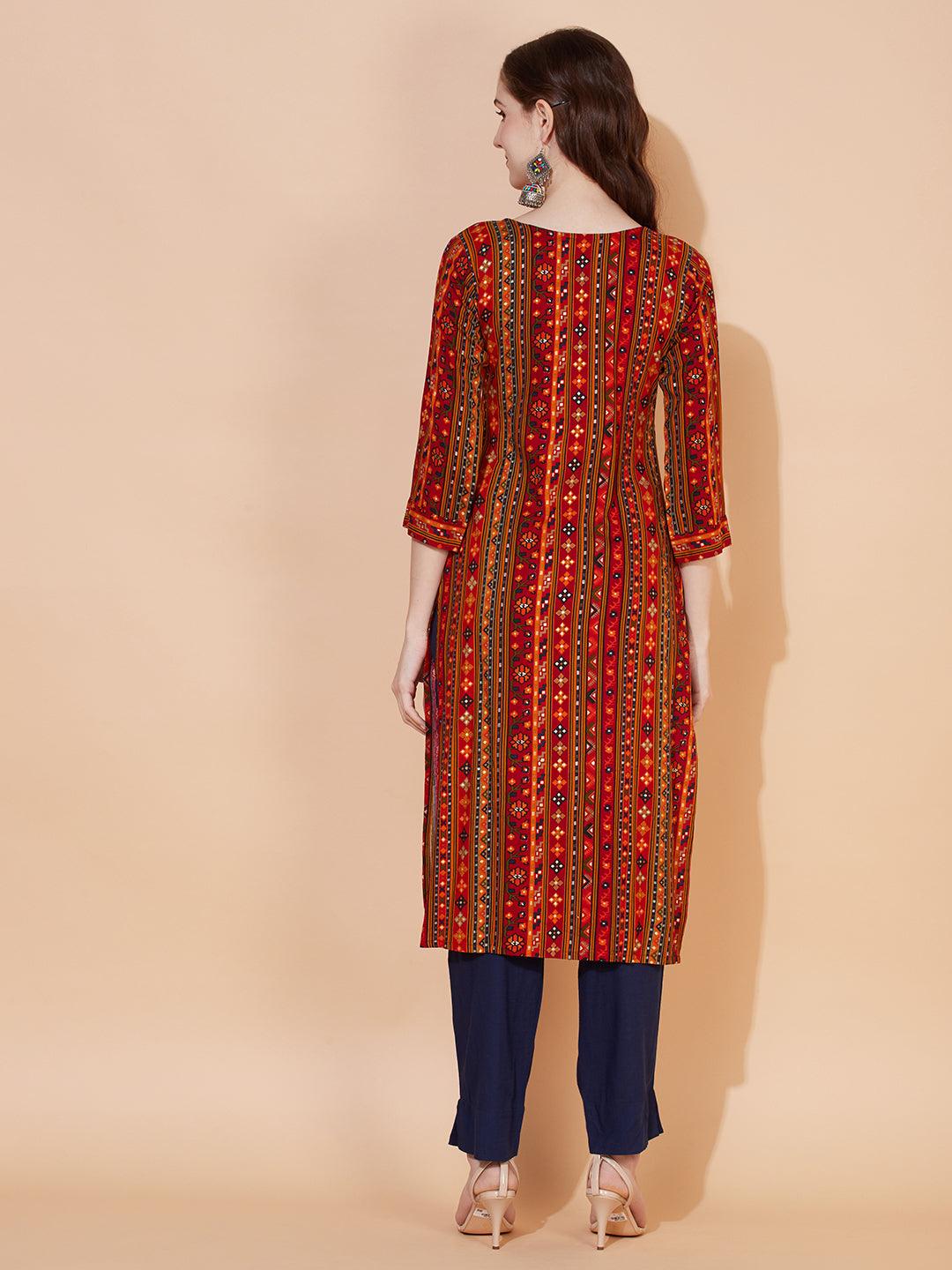 Ethnic Printed & Hand Embroidered Straight Fit Kurta – Multi - Indiakreations