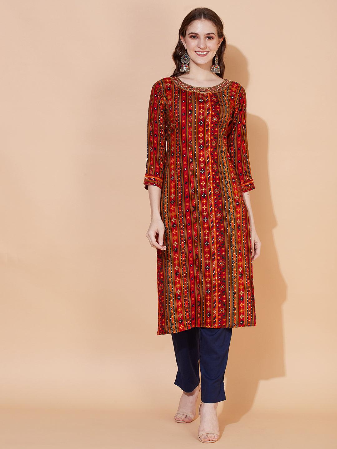 Ethnic Printed & Hand Embroidered Straight Fit Kurta – Multi - Indiakreations