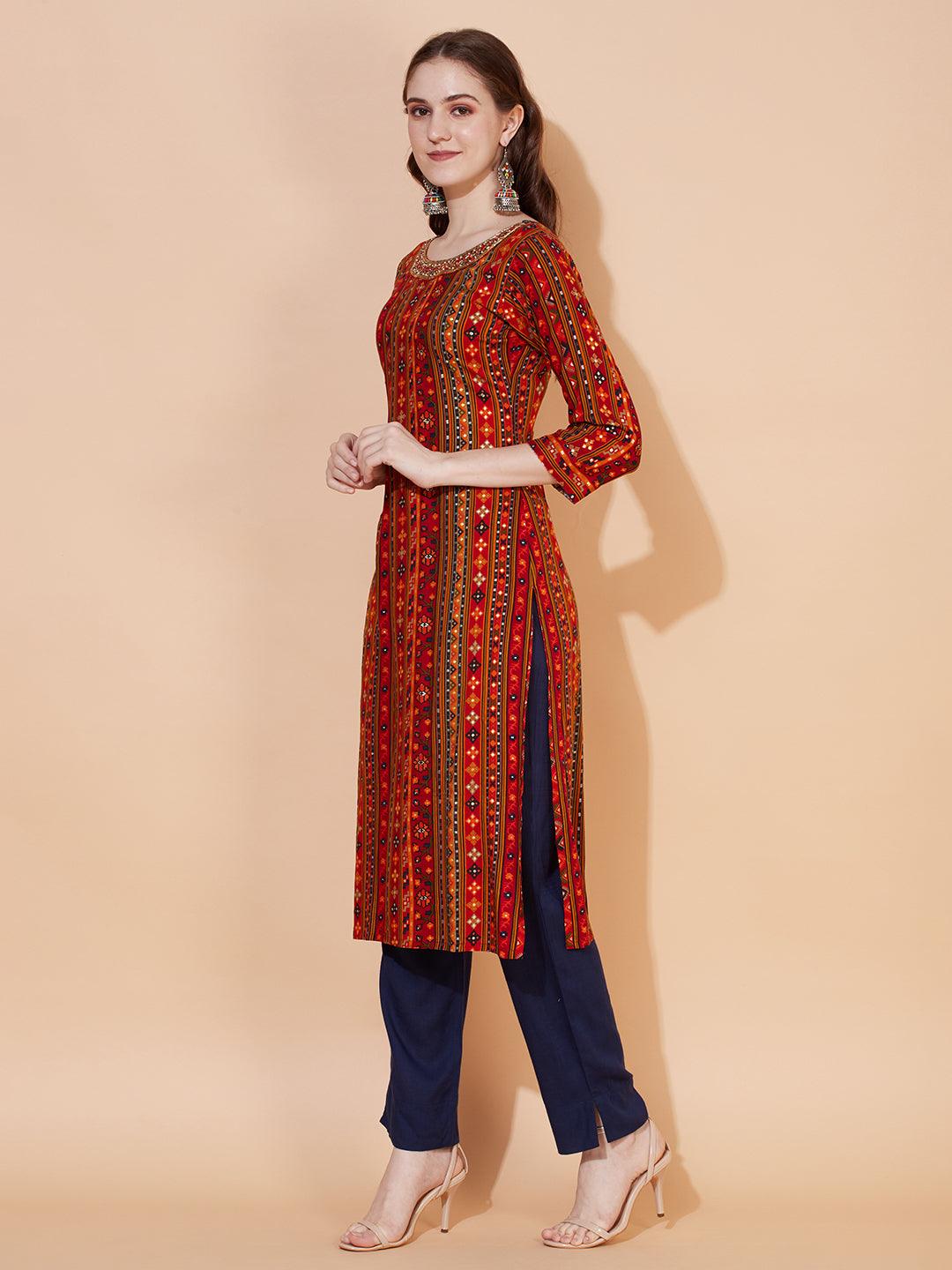 Ethnic Printed & Hand Embroidered Straight Fit Kurta – Multi - Indiakreations