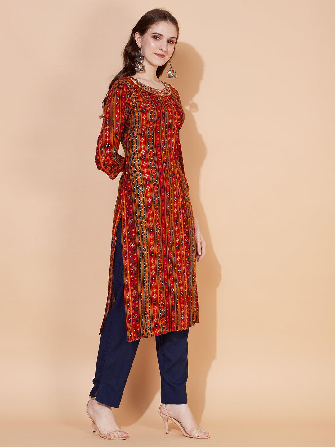 Ethnic Printed & Hand Embroidered Straight Fit Kurta – Multi - Indiakreations