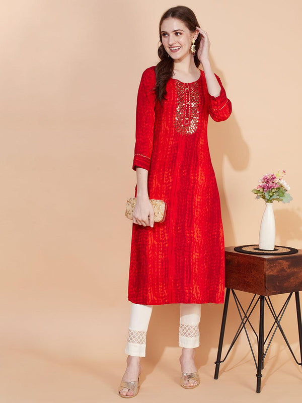 Tie-Dye Printed & Embroidered Straight Fit Kurta – Multi - Indiakreations