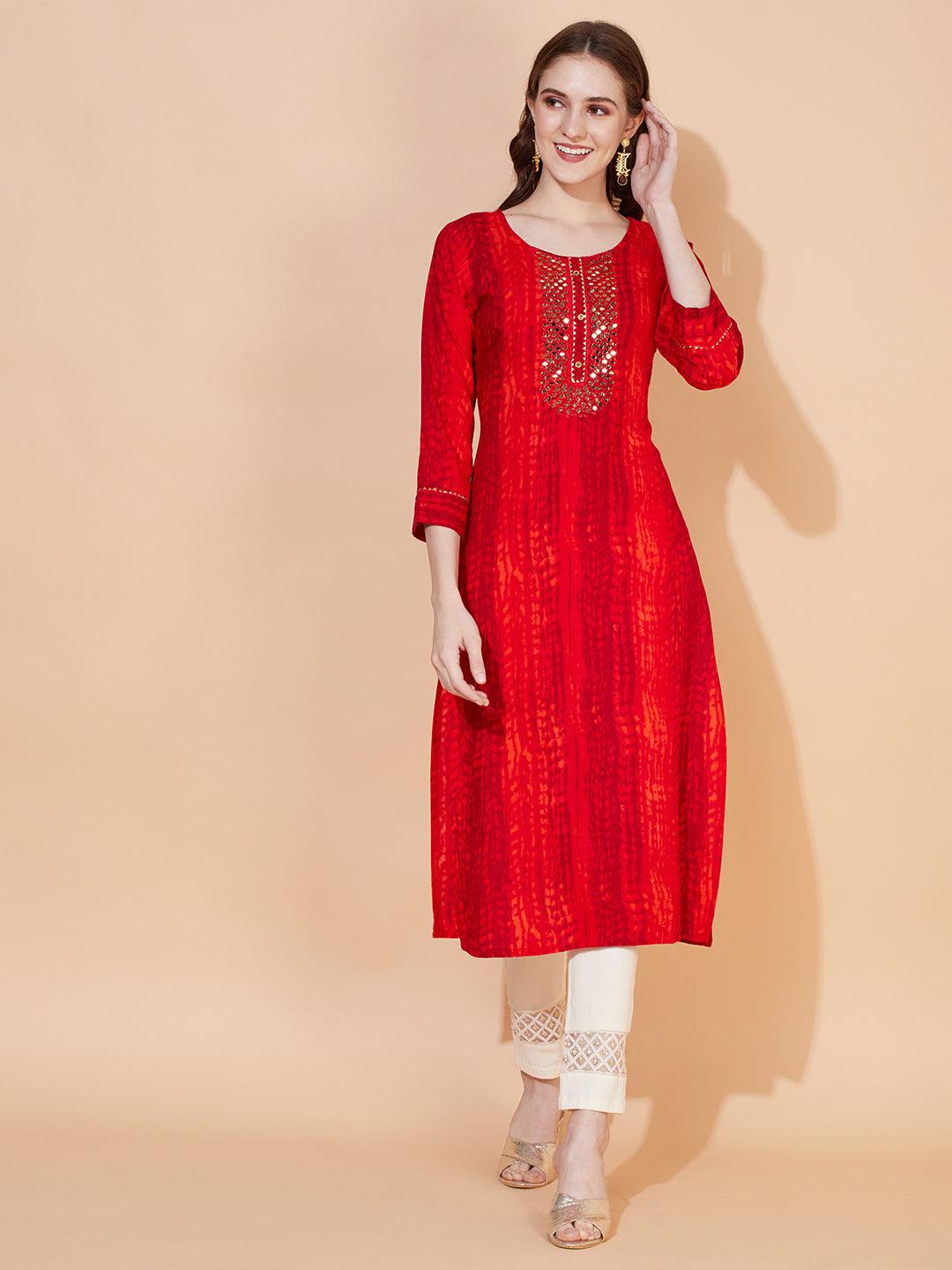 Tie-Dye Printed & Embroidered Straight Fit Kurta – Multi - Indiakreations