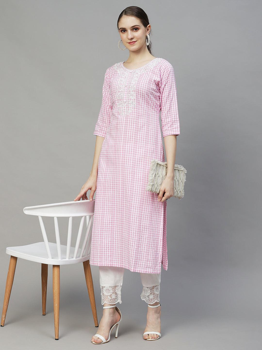 Checks Woven & Floral Embroidered Straight Fit Kurta – Pink - Indiakreations