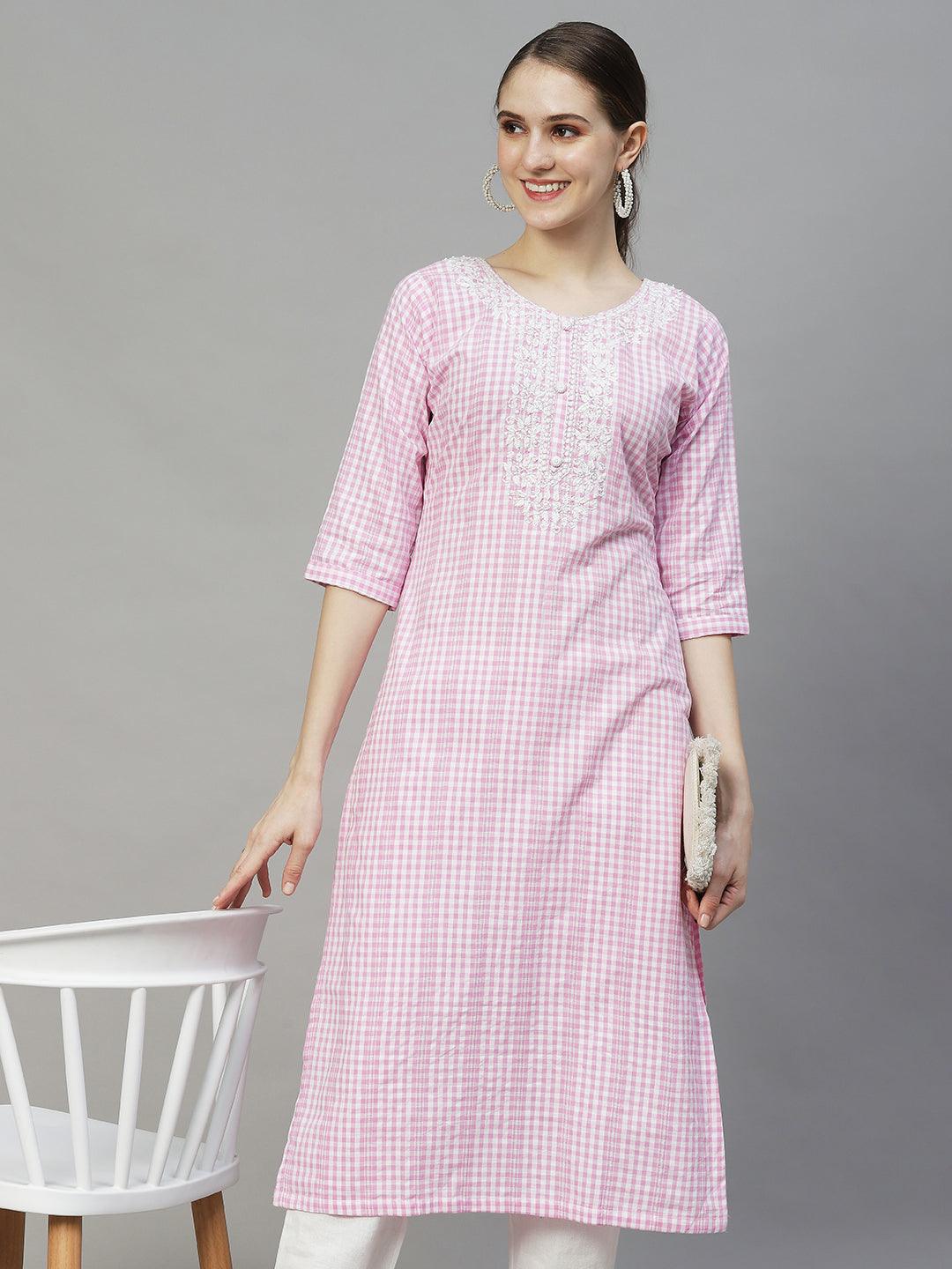 Checks Woven & Floral Embroidered Straight Fit Kurta – Pink - Indiakreations