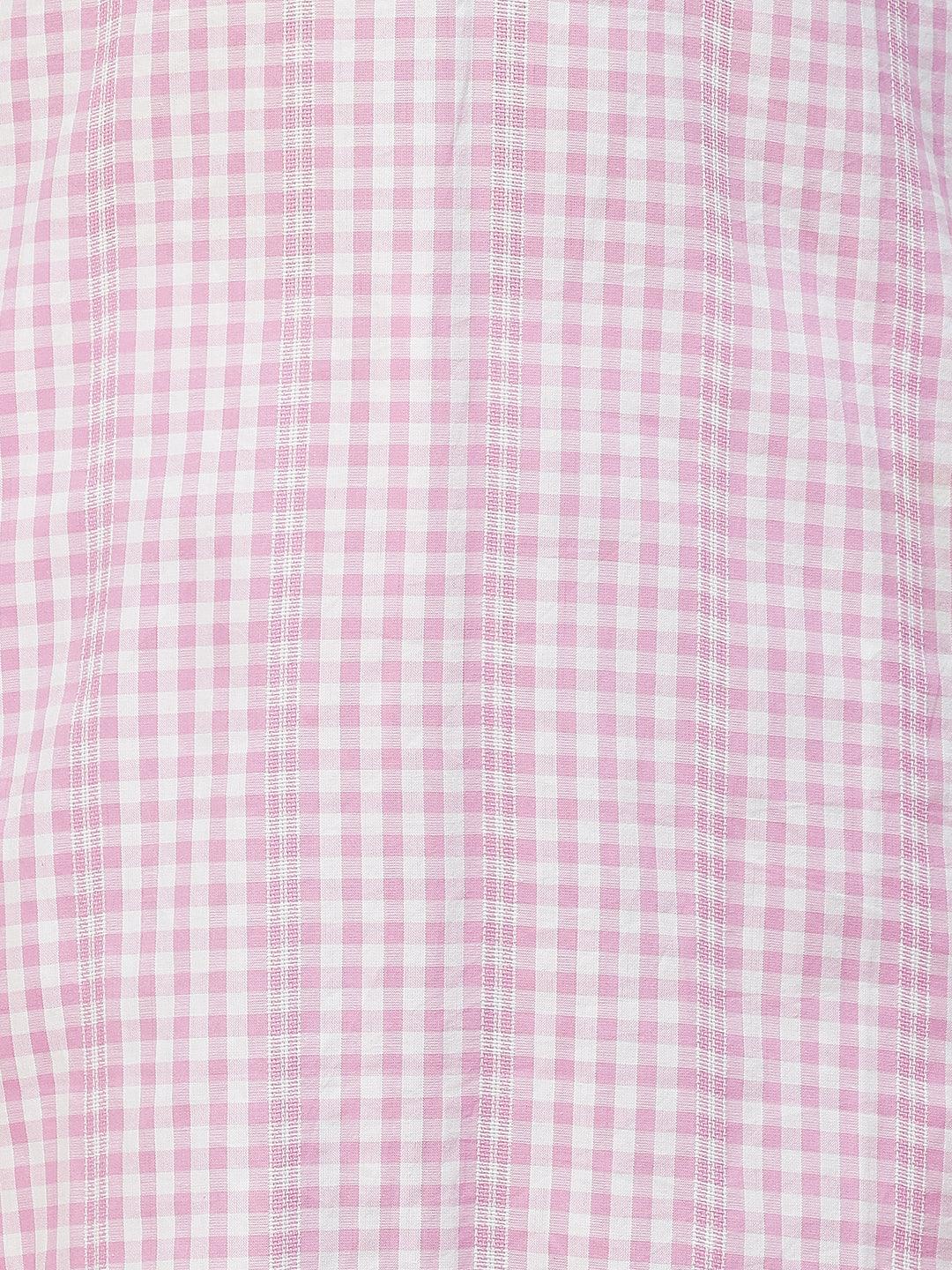 Checks Woven & Floral Embroidered Straight Fit Kurta – Pink - Indiakreations