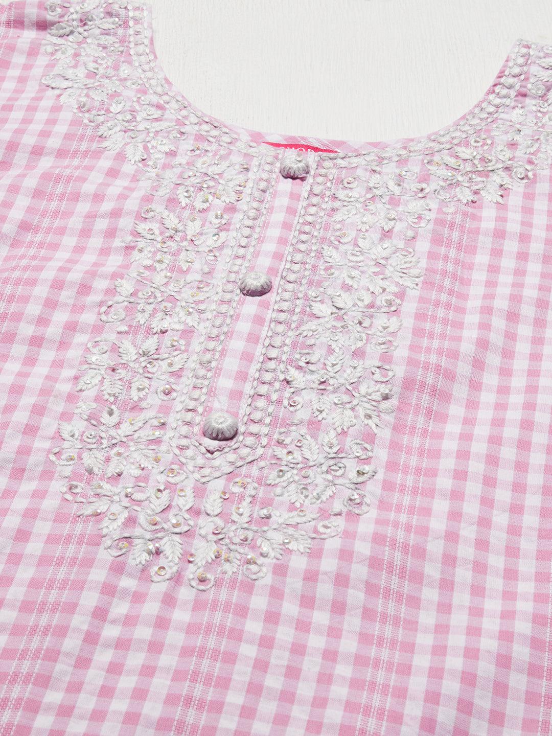 Checks Woven & Floral Embroidered Straight Fit Kurta – Pink - Indiakreations