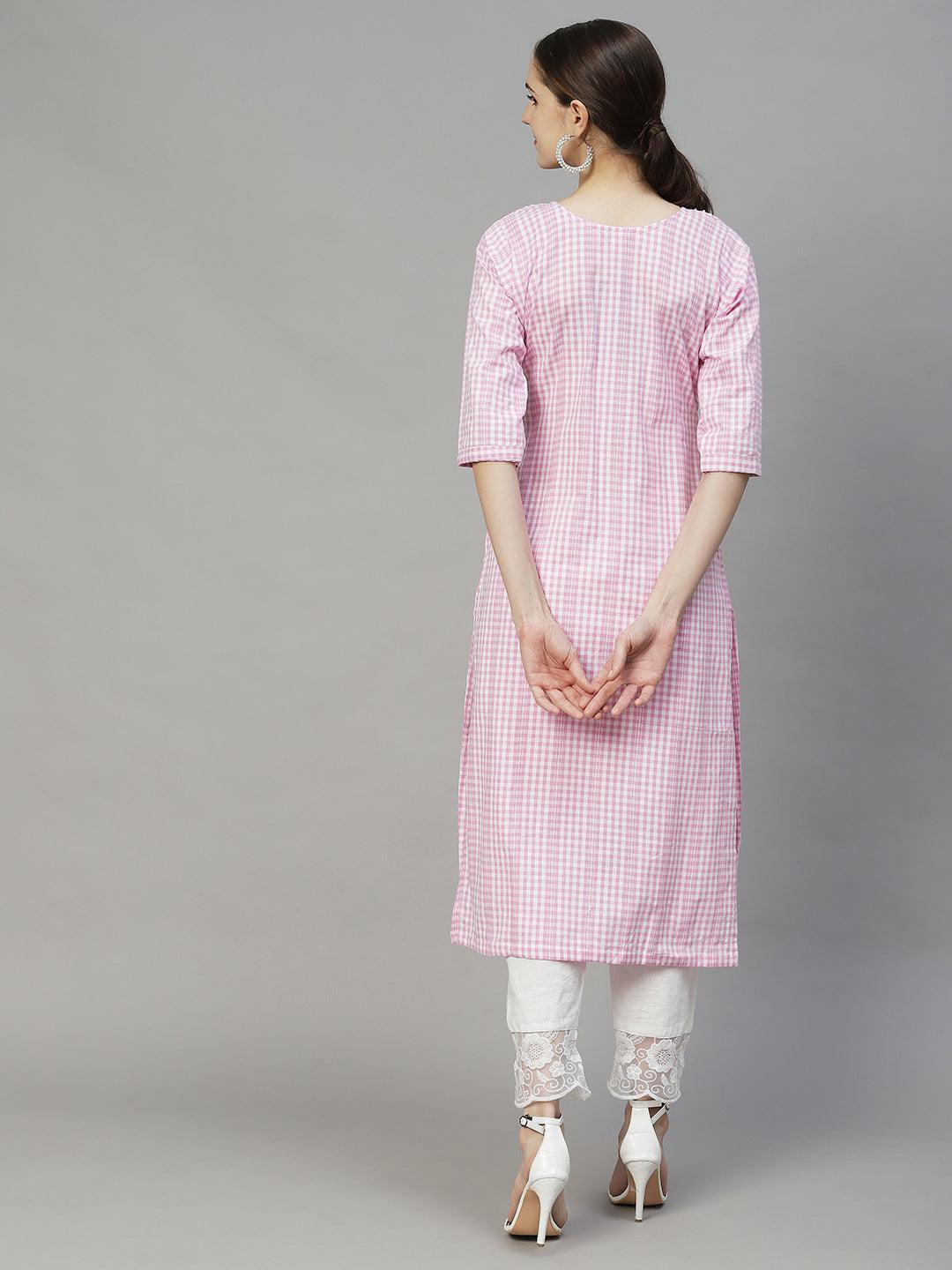 Checks Woven & Floral Embroidered Straight Fit Kurta – Pink - Indiakreations