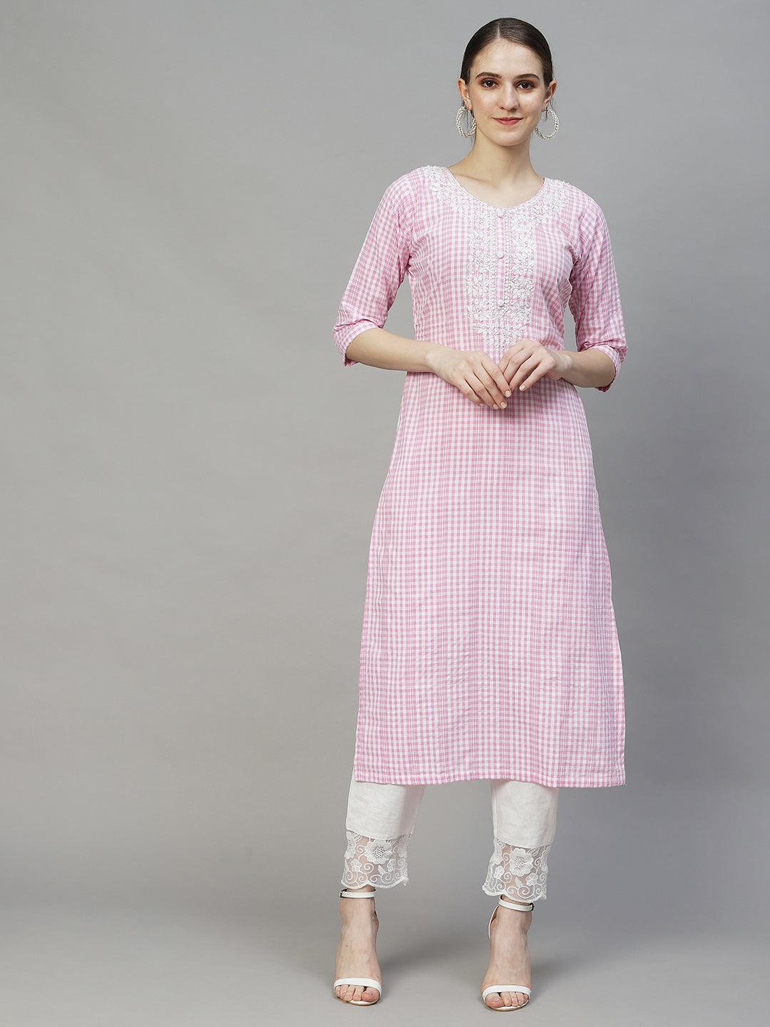 Checks Woven & Floral Embroidered Straight Fit Kurta – Pink - Indiakreations