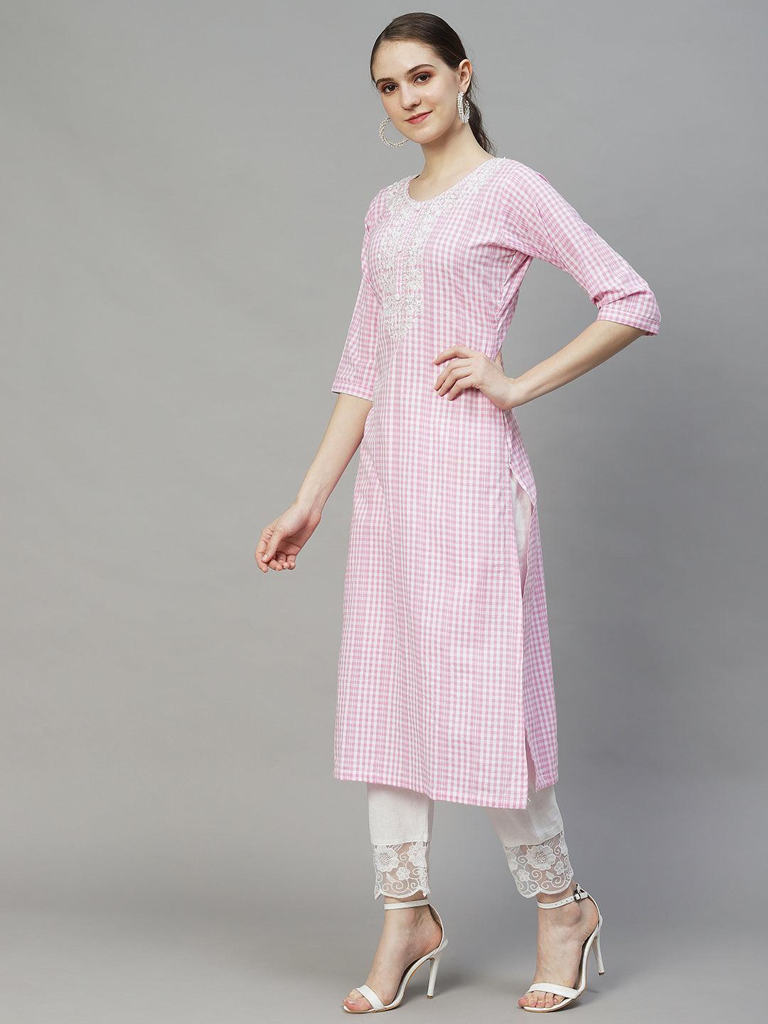 Checks Woven & Floral Embroidered Straight Fit Kurta – Pink - Indiakreations