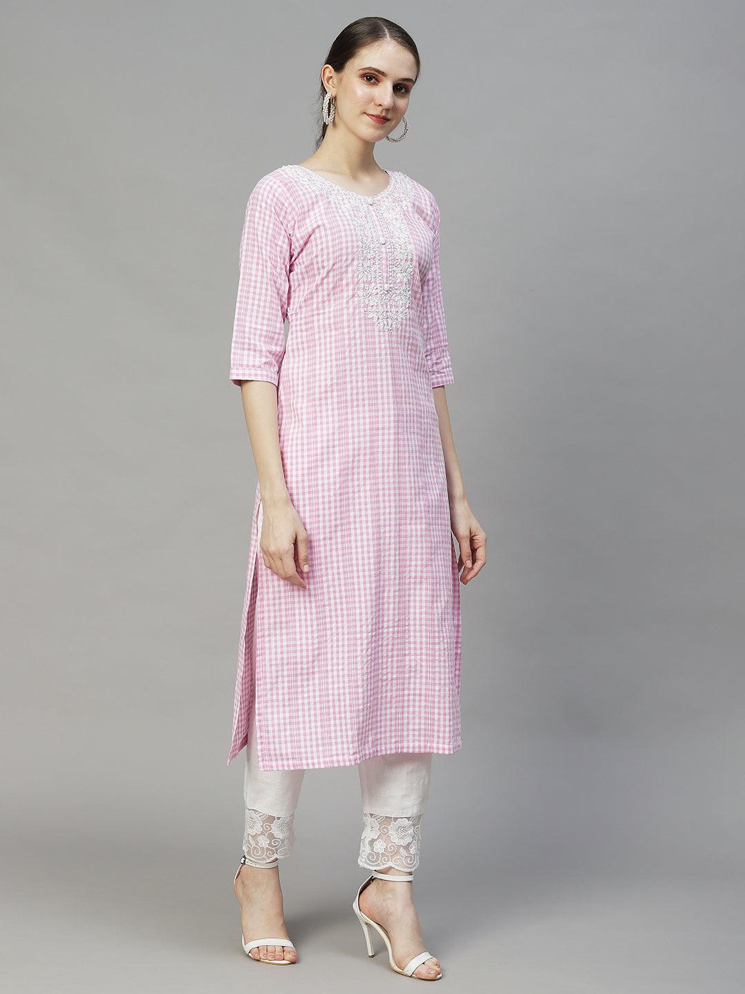 Checks Woven & Floral Embroidered Straight Fit Kurta – Pink - Indiakreations