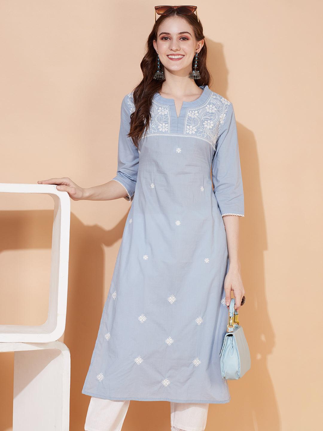 Ethnic Embroidered Straight Fit Kurta – Powder Blue - Indiakreations