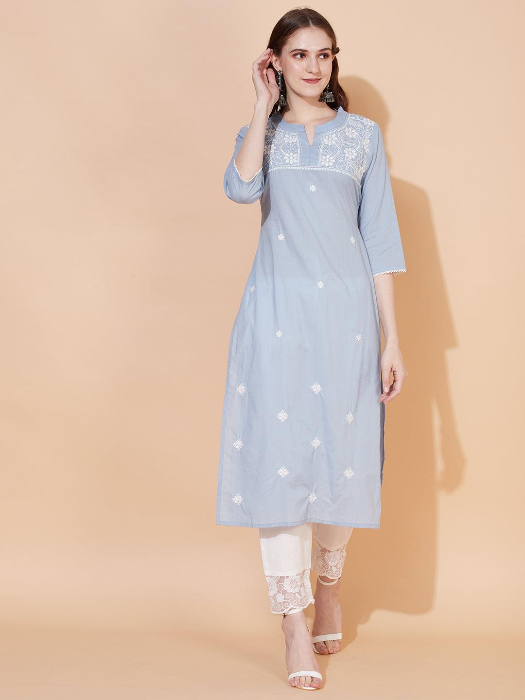 Ethnic Embroidered Straight Fit Kurta – Powder Blue - Indiakreations