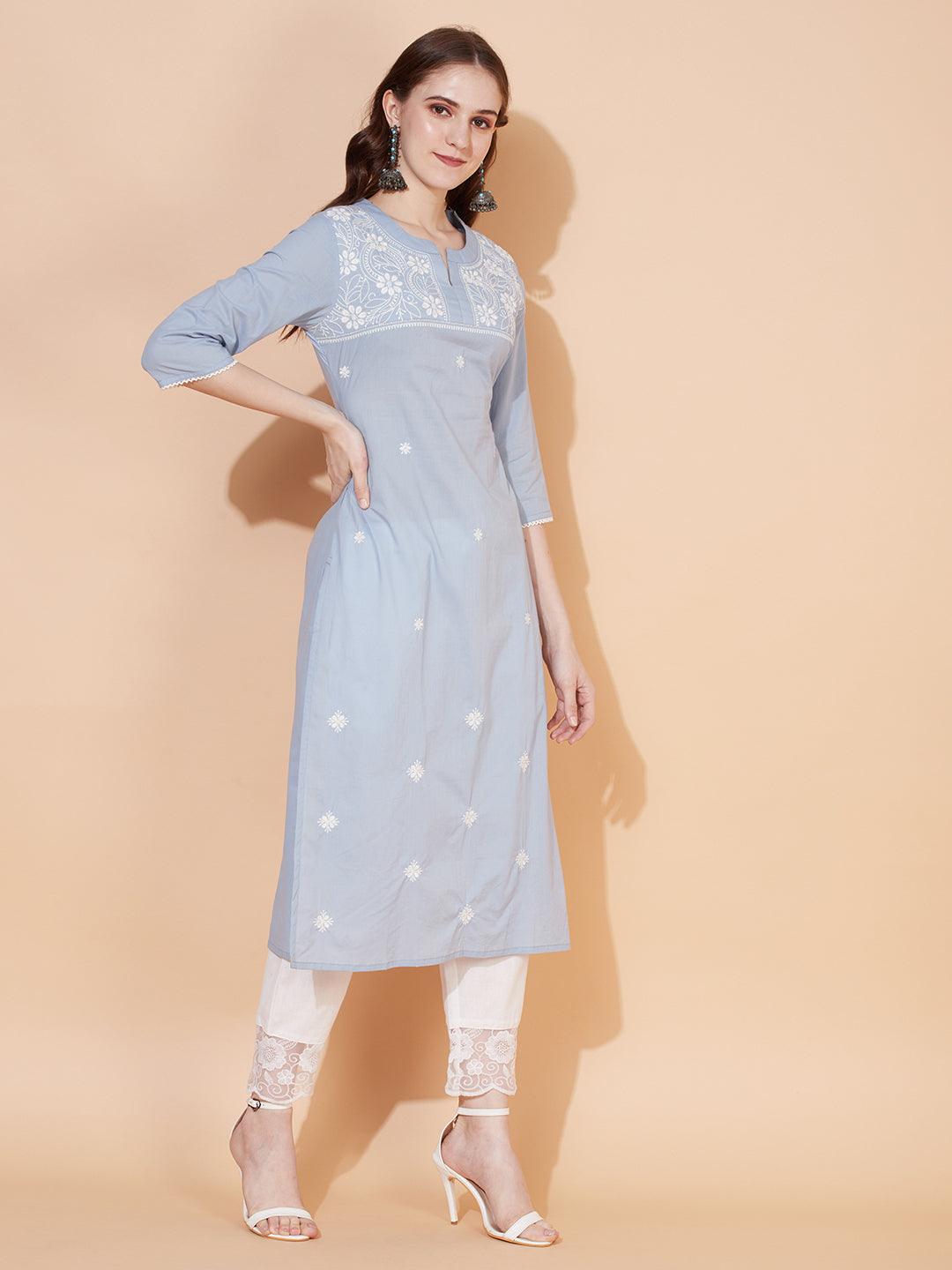 Ethnic Embroidered Straight Fit Kurta – Powder Blue - Indiakreations