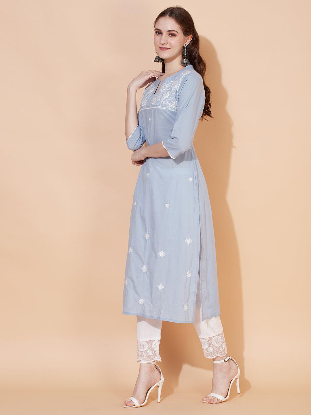 Ethnic Embroidered Straight Fit Kurta – Powder Blue - Indiakreations