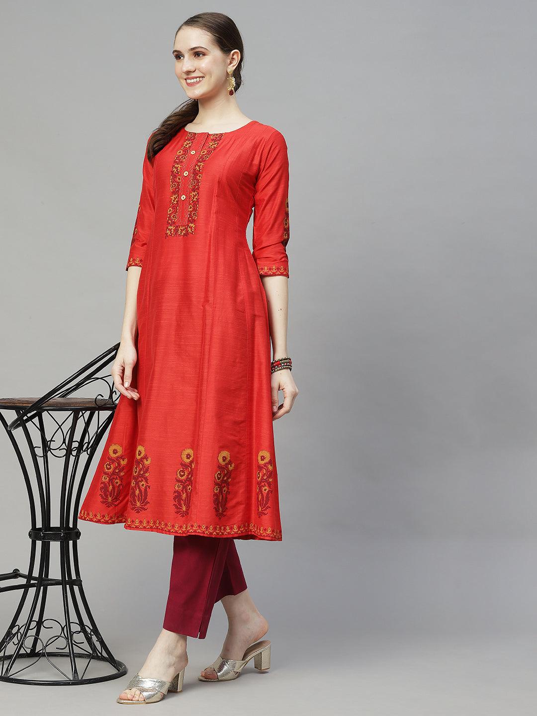 Ethnic Printed Anarkali Flare Kurta – Red - Indiakreations