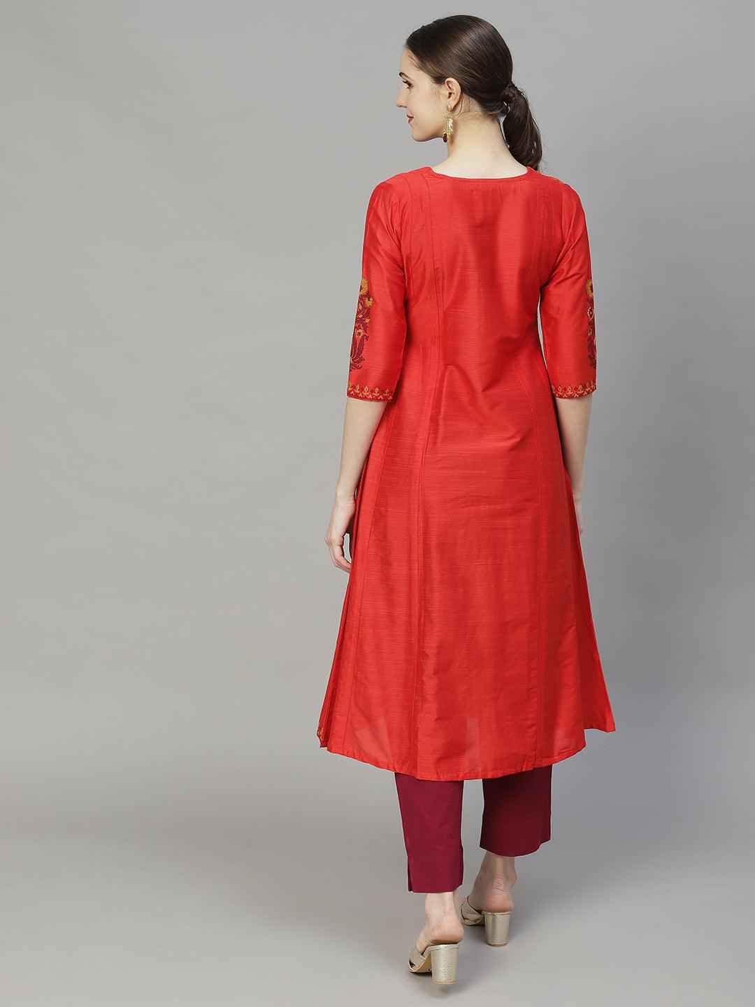 Ethnic Printed Anarkali Flare Kurta – Red - Indiakreations