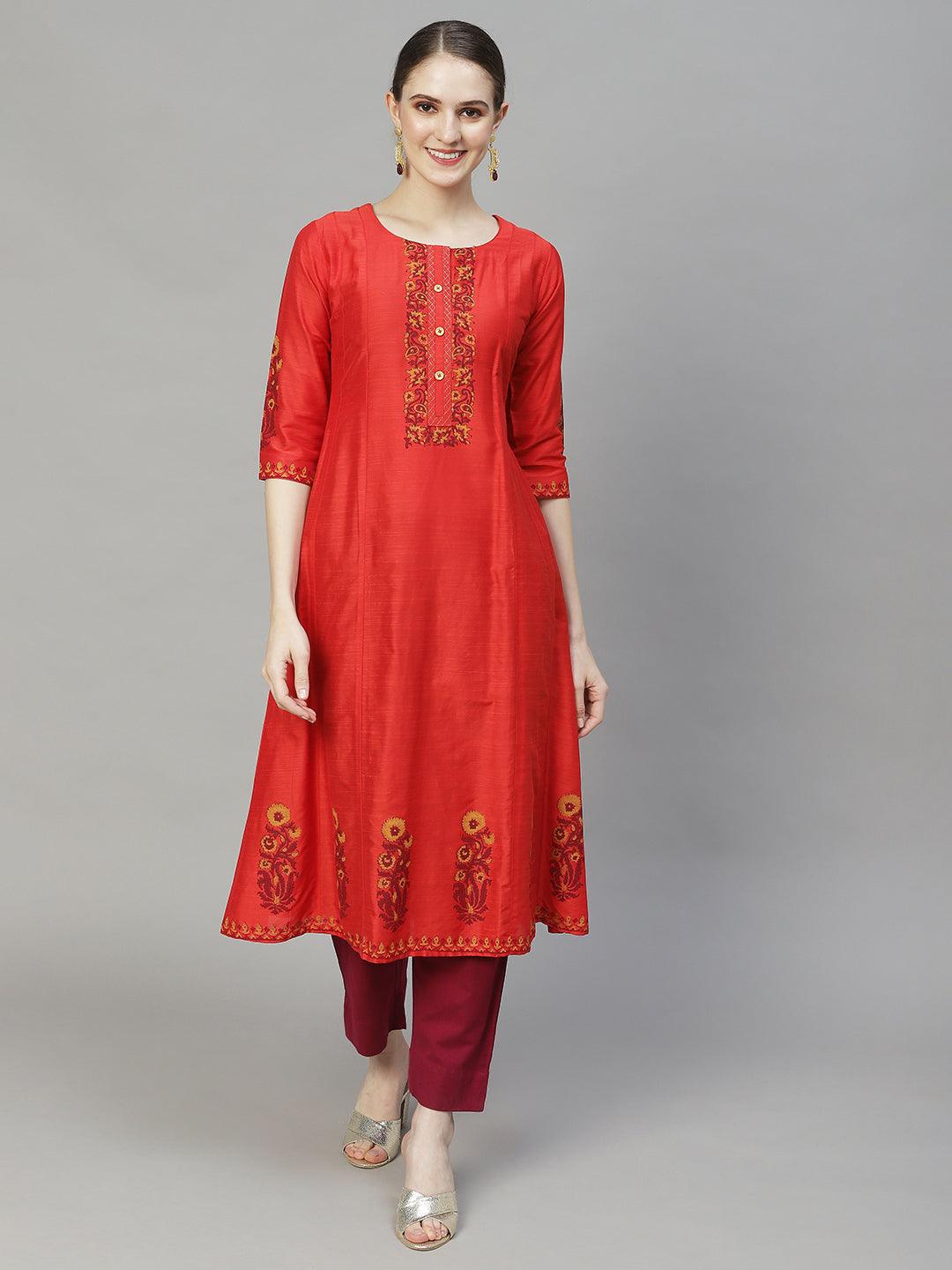 Ethnic Printed Anarkali Flare Kurta – Red - Indiakreations