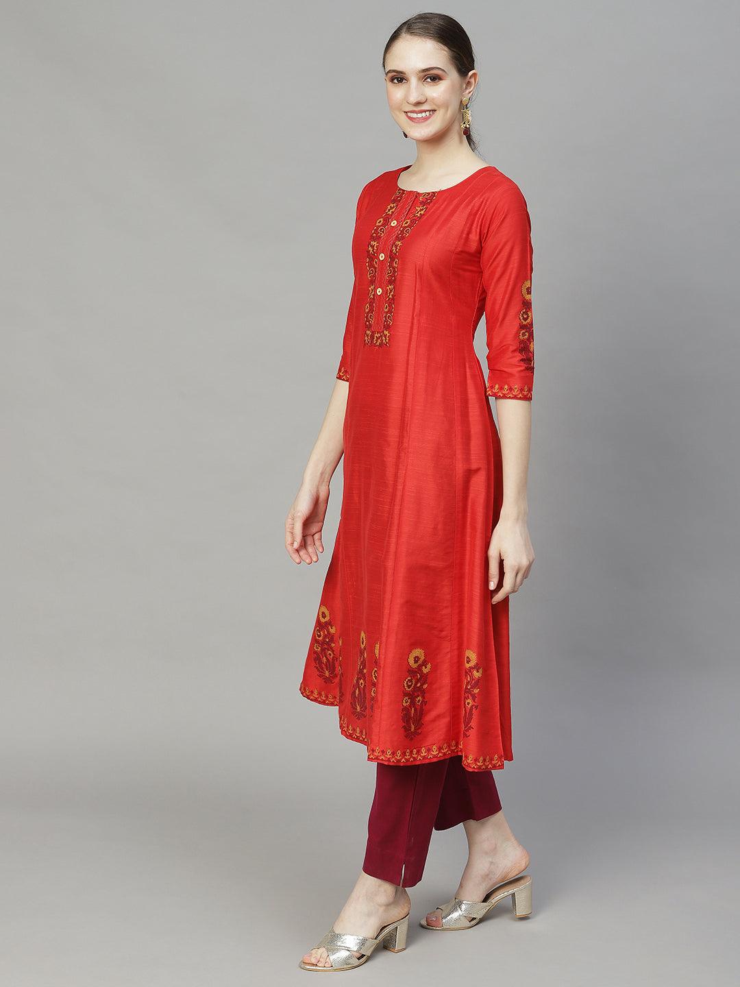 Ethnic Printed Anarkali Flare Kurta – Red - Indiakreations