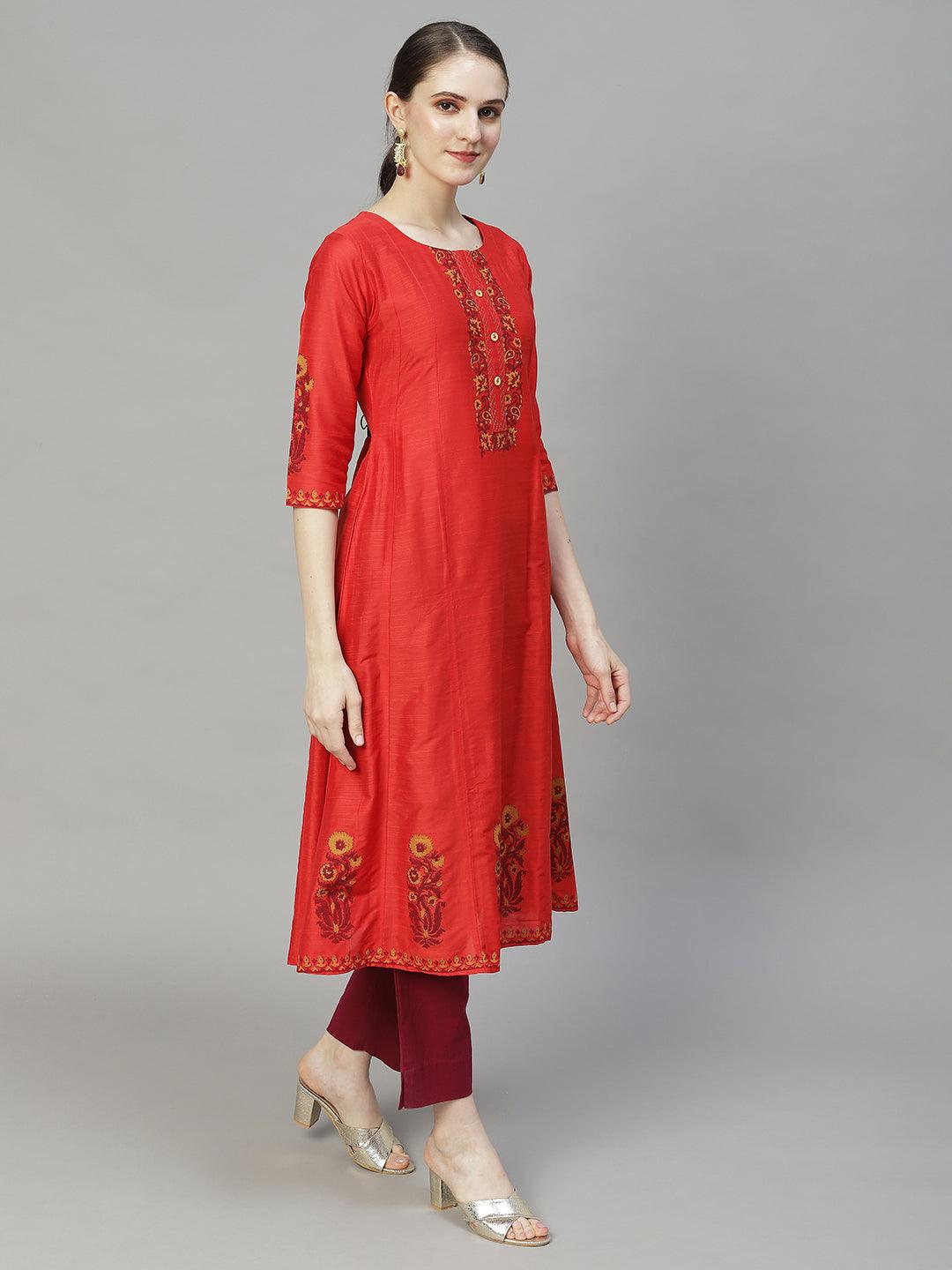 Ethnic Printed Anarkali Flare Kurta – Red - Indiakreations